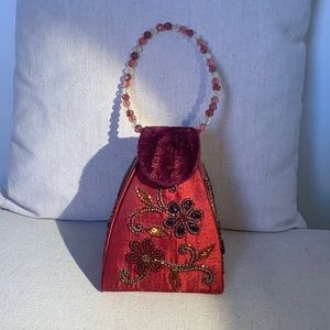 Dark red satin beaded evening bag